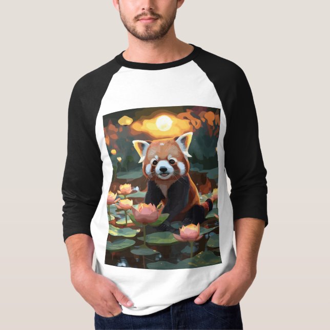 T-shirt Panda rouge dans l'étang du lotus (Devant)