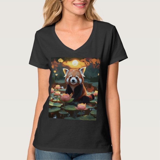 T-shirt Panda rouge dans l'étang du lotus (Devant)