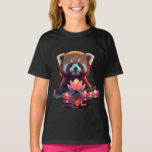 T-shirt Panda rouge dans un étang de lotus (Devant)