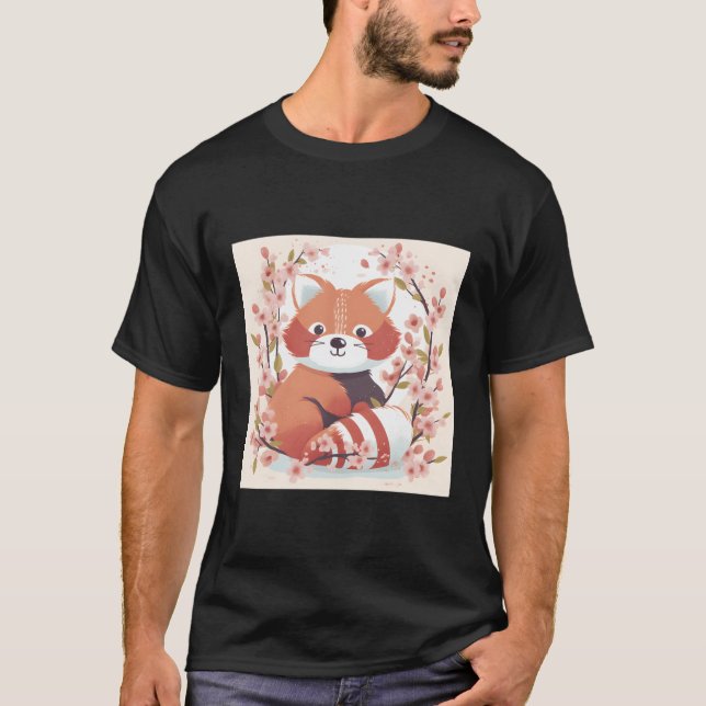 T-shirt Panda Rouge Et Fleur De Cerise Doodle Sweet Illust (Devant)