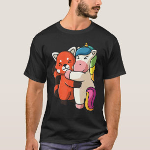 T-shirt Panda Rouge Et Unicorne Mignonne Animal Enlacant L