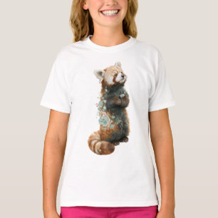 T-shirt Panda Rouge Floral Aquarelle Animaux Enfants