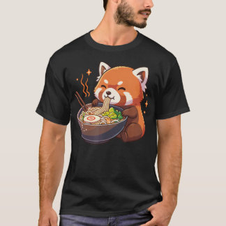 T-shirt Panda roux avec nouilles Ramen Kawaii rouge