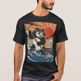 T-shirt Panda Samouraï s'élevant parmi les vagues Ukiyo