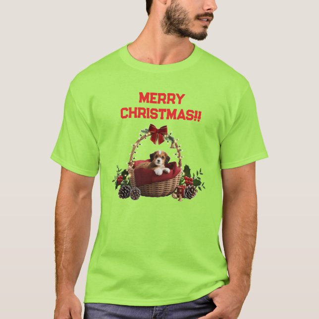 T-shirt Panier de Noël joyeux et mignon avec un chiot (Devant)