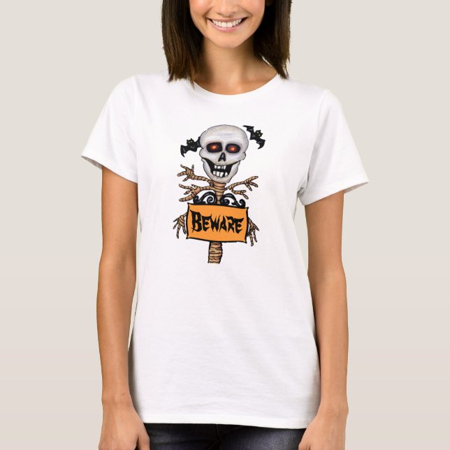 T-shirt Panneau d'avertissement d'arbre de crâne effrayant (Devant)