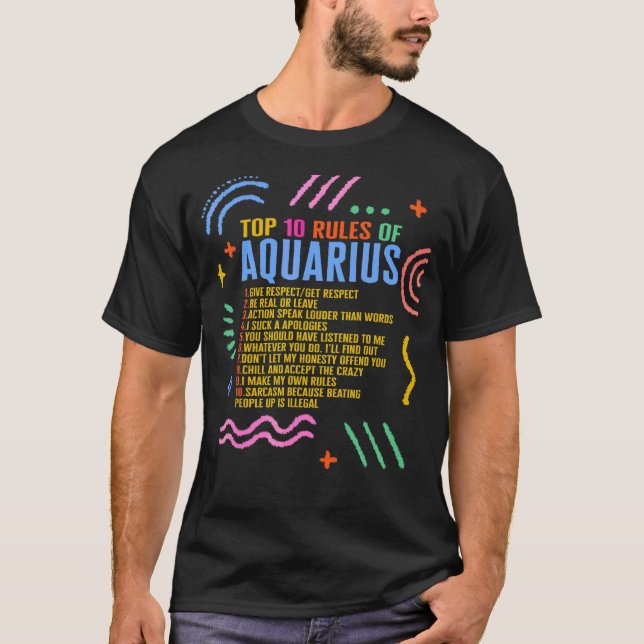 T-shirt Panneau Zodiac Top 10 Règles De L'Aquarius Tournes (Devant)