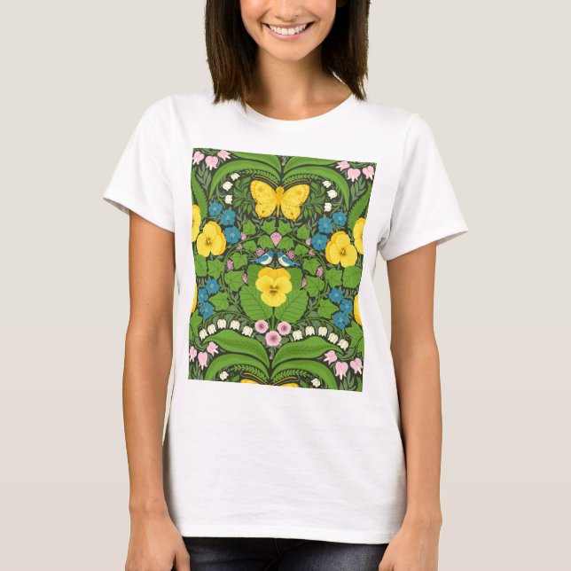 T-shirt Pansies jaunes, oiseaux et papillons (Devant)