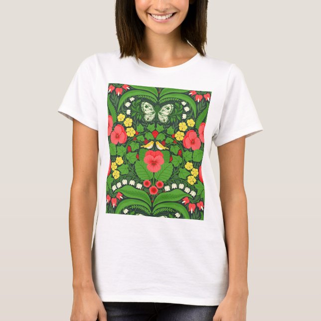 T-shirt Pansies rouges, oiseaux et papillons (Devant)