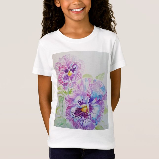 T-Shirt Pansy violet aquarelle florale art Girls T Shirt (Devant)