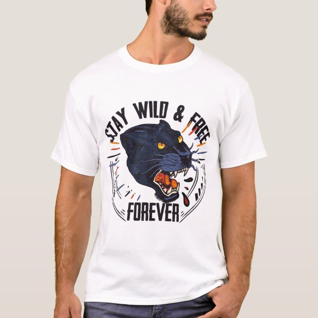T-shirt panther stay wild and free tattoo style noire pant (Devant)