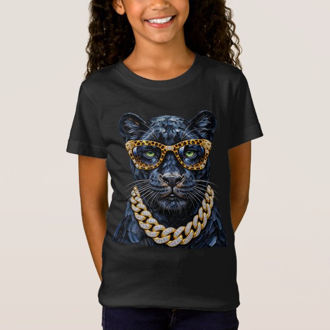 T-Shirt "Panthère Boujee Lunettes à Imprimé Léopard Chaîne (Devant)
