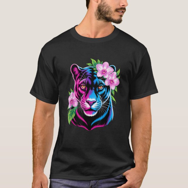 T-shirt Panthère gras avec des fleurs roses  (Devant)