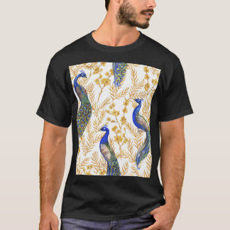 T-shirt paons chinois, sakura doré, aquarelle.
