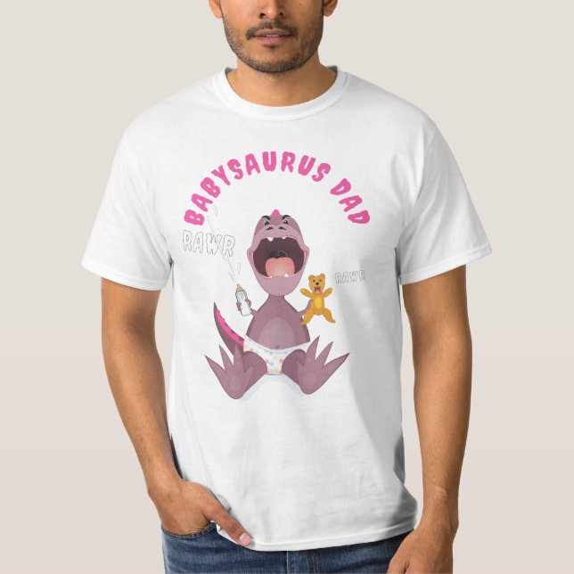 T-shirt Papa Babysaurus T-Rex rose  (Devant)