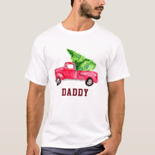 T-shirt Papa Camion rouge Chariot de Noël Arbre aquarelle
