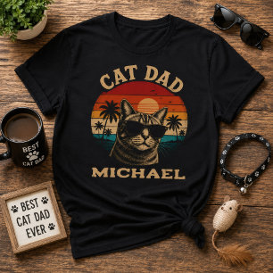 T-shirt Papa Chat Vintage Rétro Coucher de Soleil Plage Tr