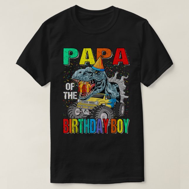 T-shirt Papa De L'Anniversaire Garçon Monster Camion Dinos (Design devant)