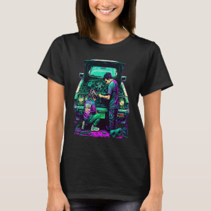 T-shirt Papa et fille réparant une voiture rétro pop mécan