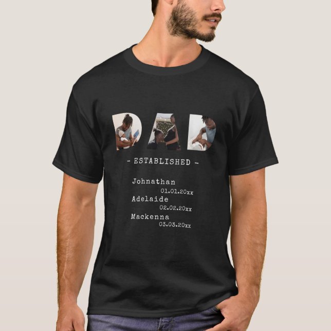 T-shirt Papa Etabli Nom de l'enfant Date de naissance Coll (Devant)