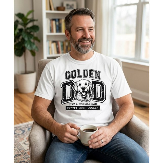 T-shirt Papa Golden Retriever (Man in white Golden Dad shirt holding mug; personalized Golden Retriever Father's Day gift mockup.)