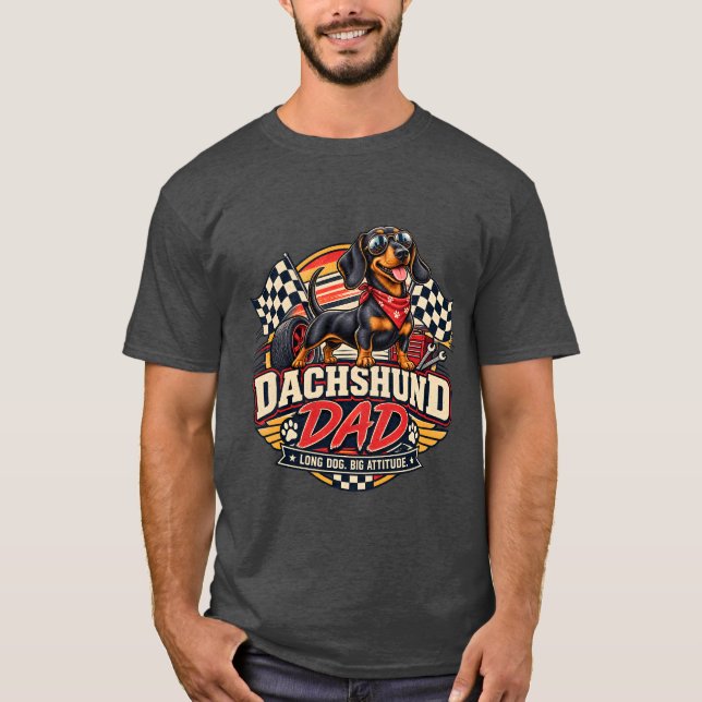 T-shirt Papa Teckel Course Drapeau à Damier Chien Long (Devant)