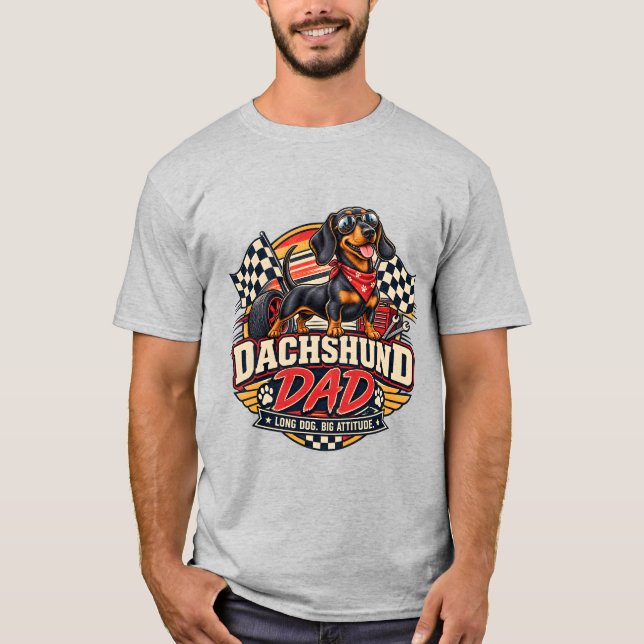 T-shirt Papa Teckel Course Drapeau à Damier Chien Long (Devant)