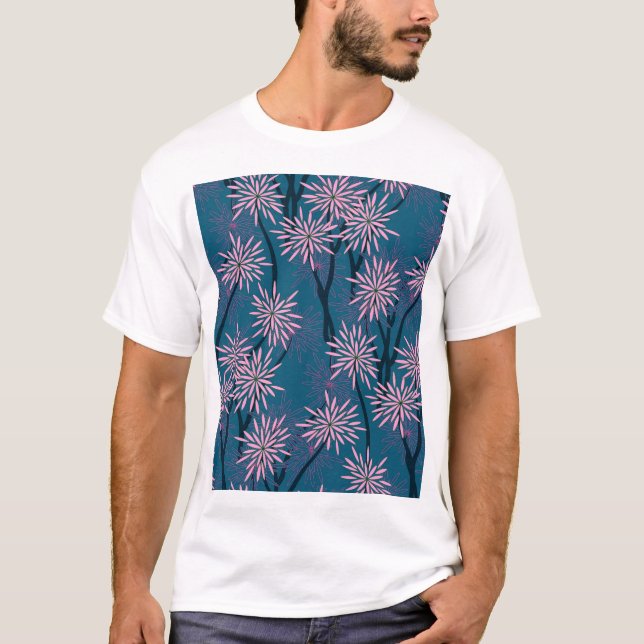 T-shirt Papier peint floral : bleu marine asiatique, rose. (Devant)
