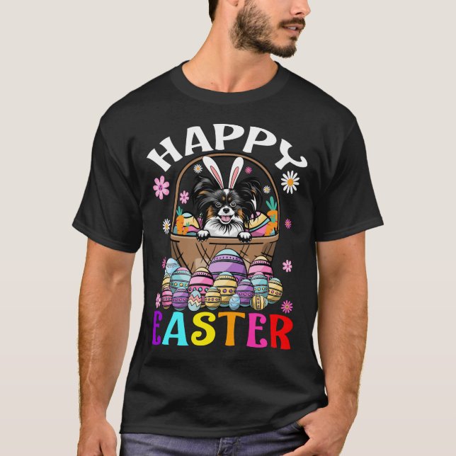 T-shirt Papillion Dog Happy Easter Bunny Eggs (Devant)