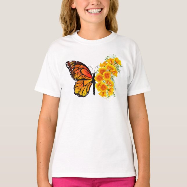 T-shirt Papillon à fleurs avec Poppy de Californie jaune (Devant)