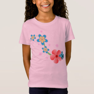 T-Shirt Papillon Abstrait mignon sur Fleurs roses et bleue