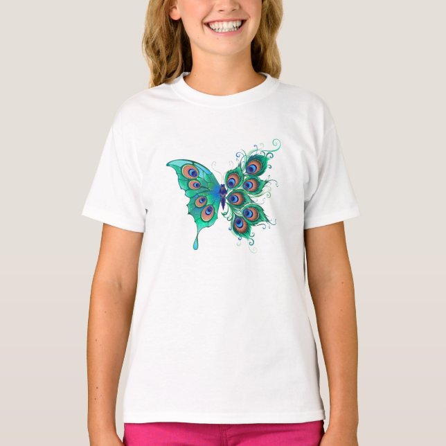 T-shirt Papillon aux plumes de paon vert (Devant)