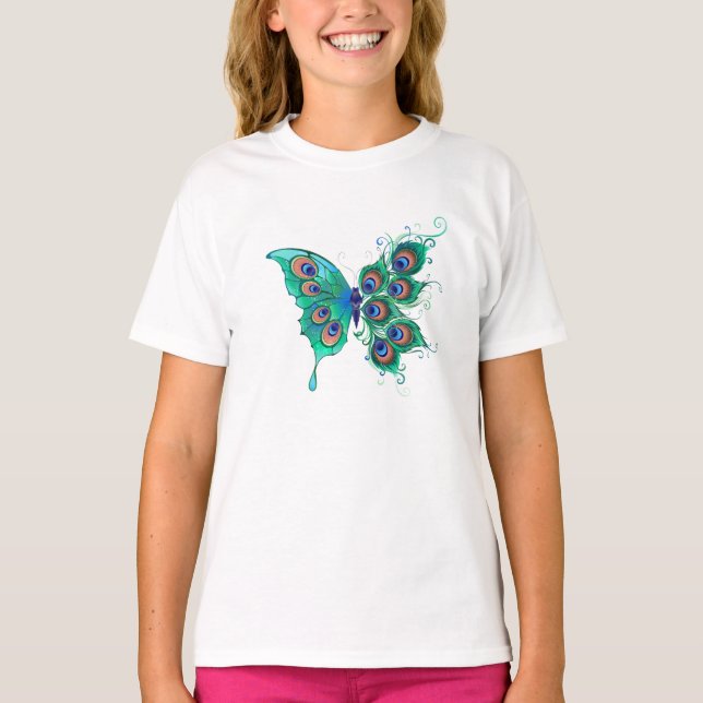T-shirt Papillon aux plumes de paon vert (Devant)