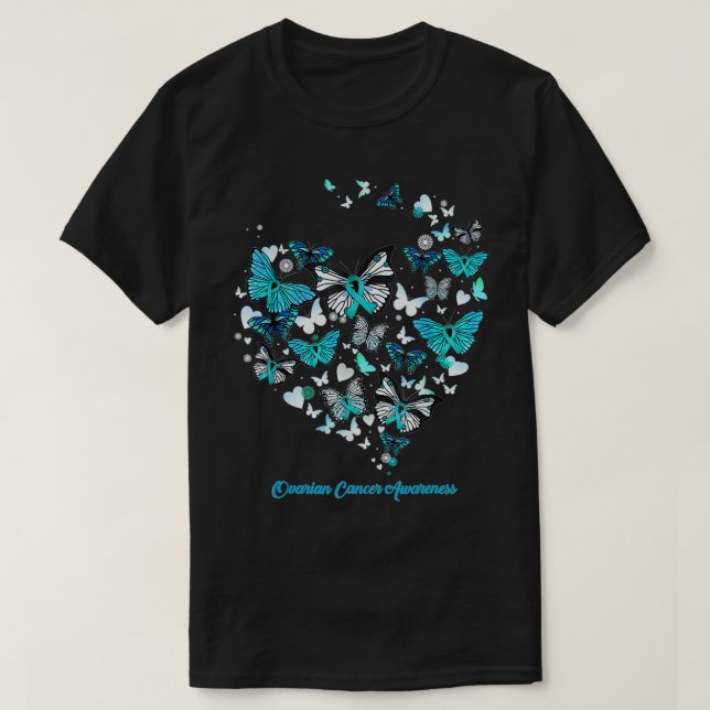 T-shirt Papillon Bleu Coeur Ovarien Sensibilisation au can (Design devant)