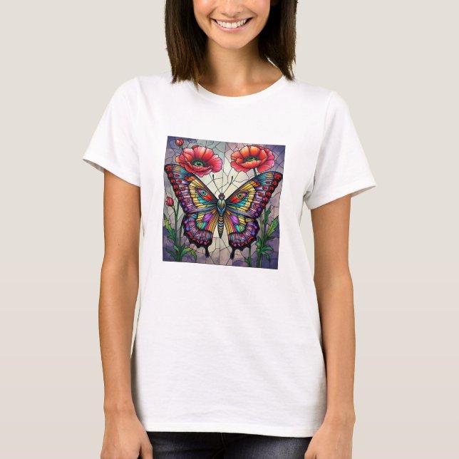 T-shirt Papillon & Coquelicot Vitrail Insecte Art (Devant)