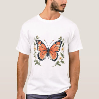T-shirt Papillon Corail avec Marguerites et Feuilles de Ja