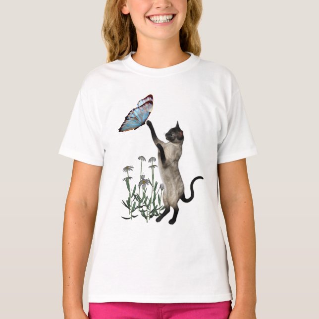 T-shirt Papillon De Chat Siamois Et Fleurs De Faisceau (Devant)