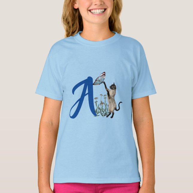 T-shirt Papillon de chat siamois mignon monogramme initial (Devant)