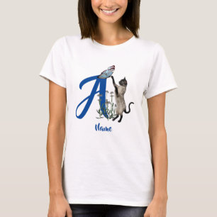 T-shirt Papillon de chat siamois monogramme initial A nom