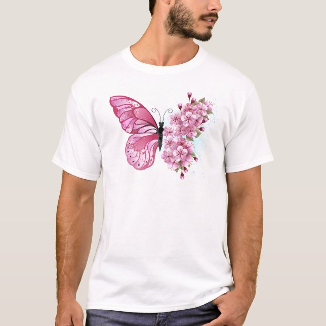 T-shirt Papillon de fleurs avec Sakura rose (Devant)