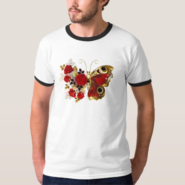 T-shirt Papillon de fleurs rouges aux roses rouges (Devant)