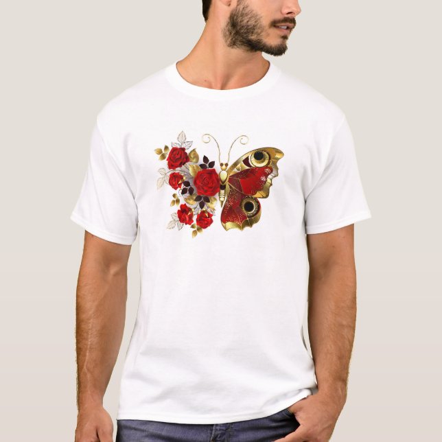 T-shirt Papillon de fleurs rouges aux roses rouges (Devant)