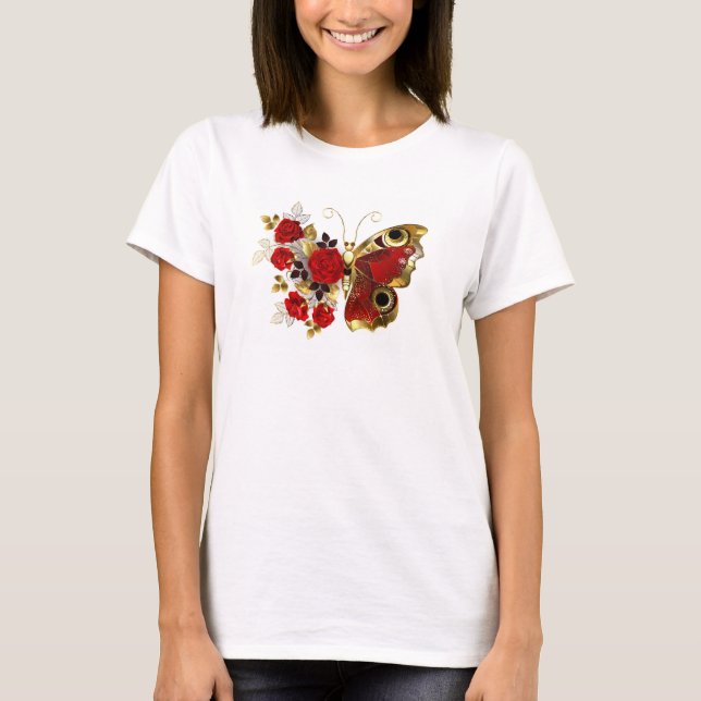 T-shirt Papillon de fleurs rouges aux roses rouges (Devant)