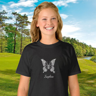 T-shirt Papillon en Diamants Blancs, Nom de Script, Noir