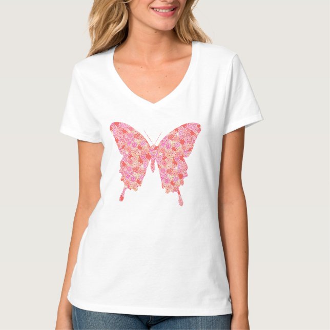 T-shirt Papillon en motif de fleurs - rose, orange (Devant)