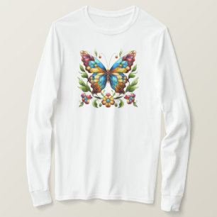 T-shirt Papillon en vitrail coloré avec fleurs