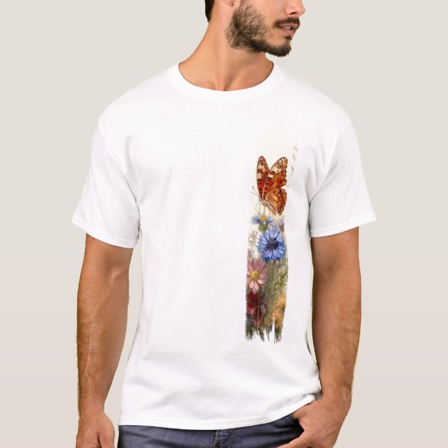 T-shirt Papillon entre Fleur sauvage brosse à peinture (Devant)