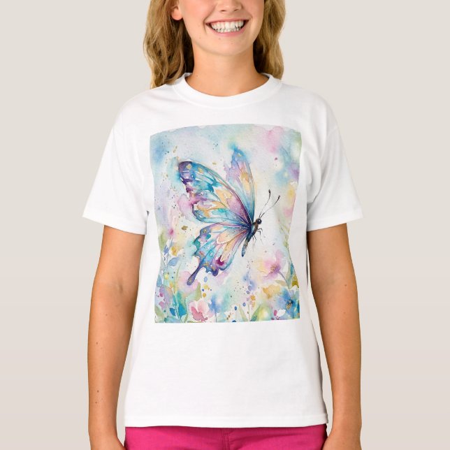T-shirt Papillon Floral Aquarelle Coloré (Devant)
