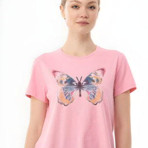 T-shirt Papillon graphique à l'aquarelle fantaisiste rose 