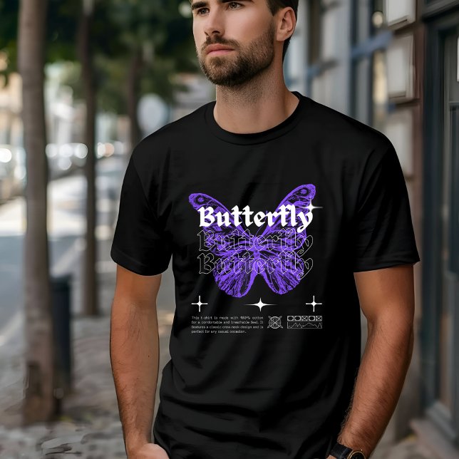 T-shirt Papillon illustré noir violet et blanc moderne (Créateur téléchargé)